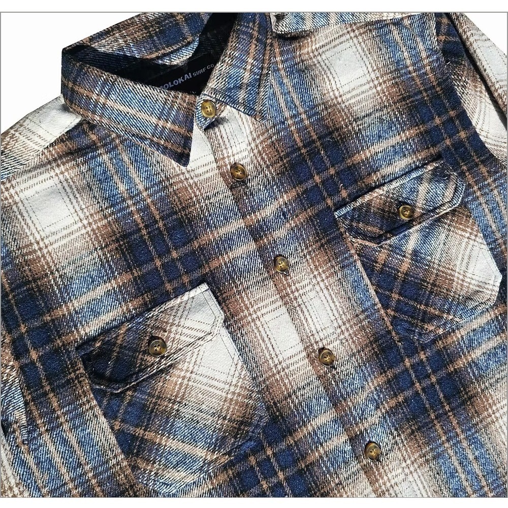 Molokai Surf Co Mens M Navy Brown Heavyweight Plaid Flannel Shirt NWT